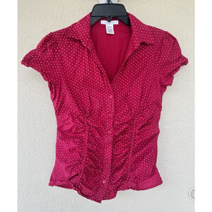 VTG Charlotte Russe Red Polka Dot Ruched Button Front Blouse Retro Office Siren
